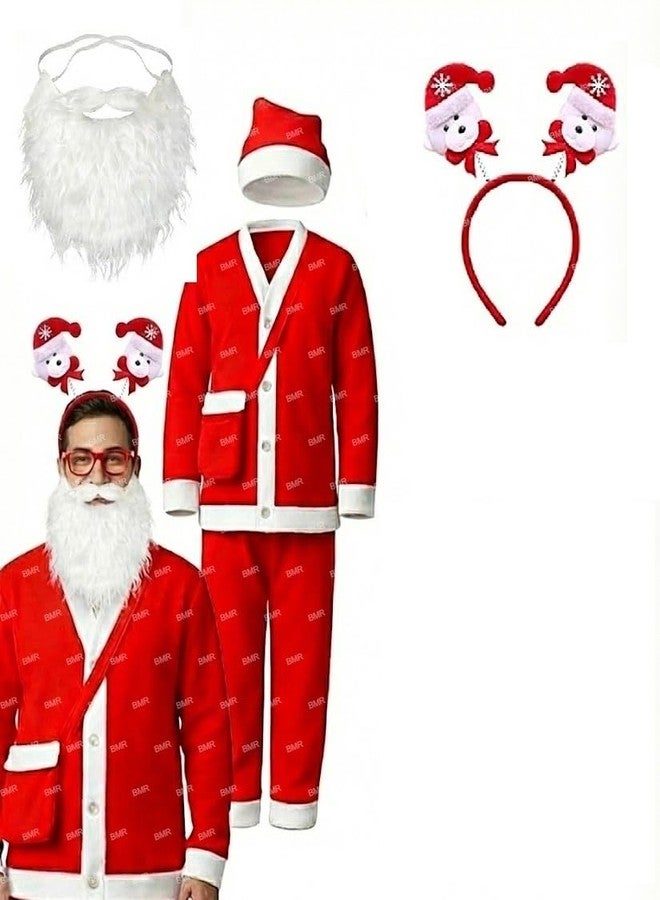 THATHERA Santa Claus Dress For Adults Men Women Free Size 6Pc Set with Headband,Beard,Shirt,Pant,Hat,Goodie Bag Warm Fleece Christmas Fancy Dress Costume Xmas Gift Red Outfit Suit Unisex - Image 1